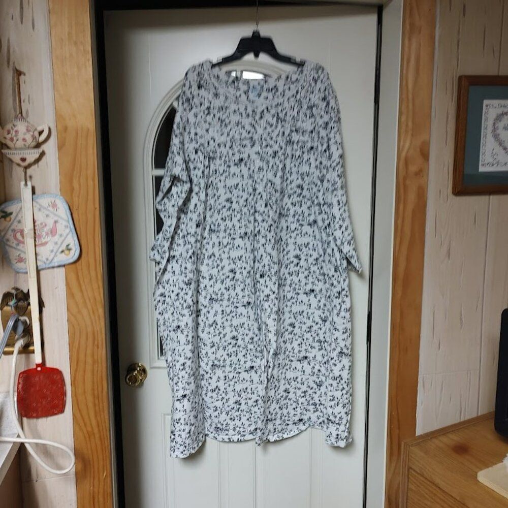 Only Necessities White Charcoal Gray Leaves Long Sleeve Long Nightgown Womens 3X